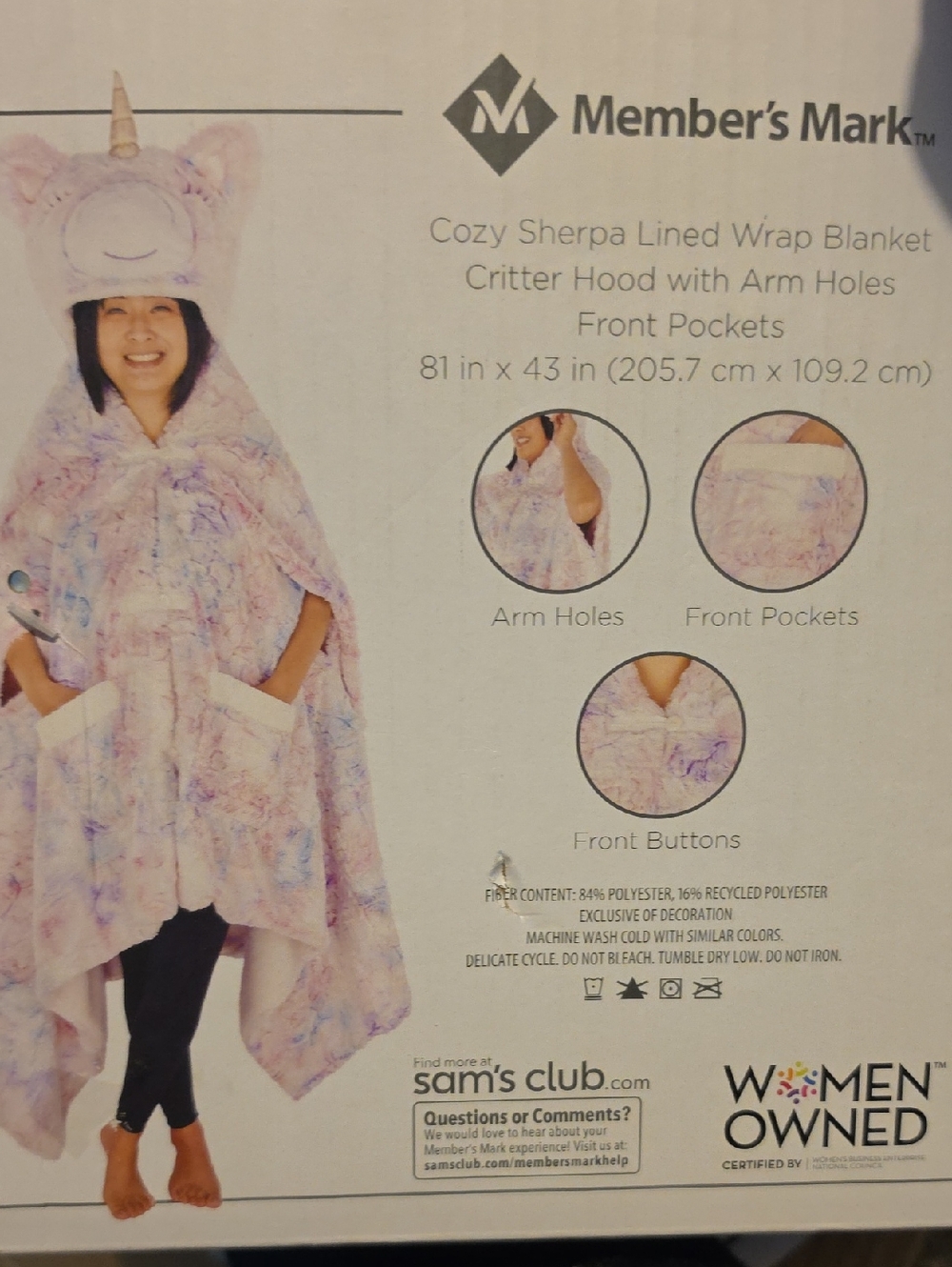 Member's Mark Cozy Sherpa Lined Unicorn Hooded Wrap Blanket - Pastel Tie-Dye